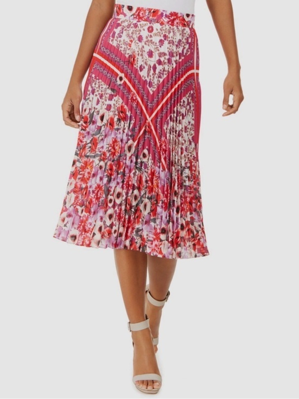 Elie Tahari Women's Pink Floral Print Pleated A-Line High Midi Skirt Size 12